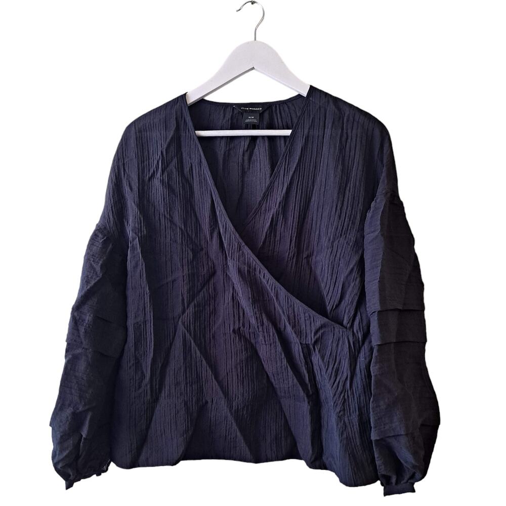 Club Monaco Womens Navy Blue V-neck Faux Wrap Bishops Sleeves Blouse- size M
